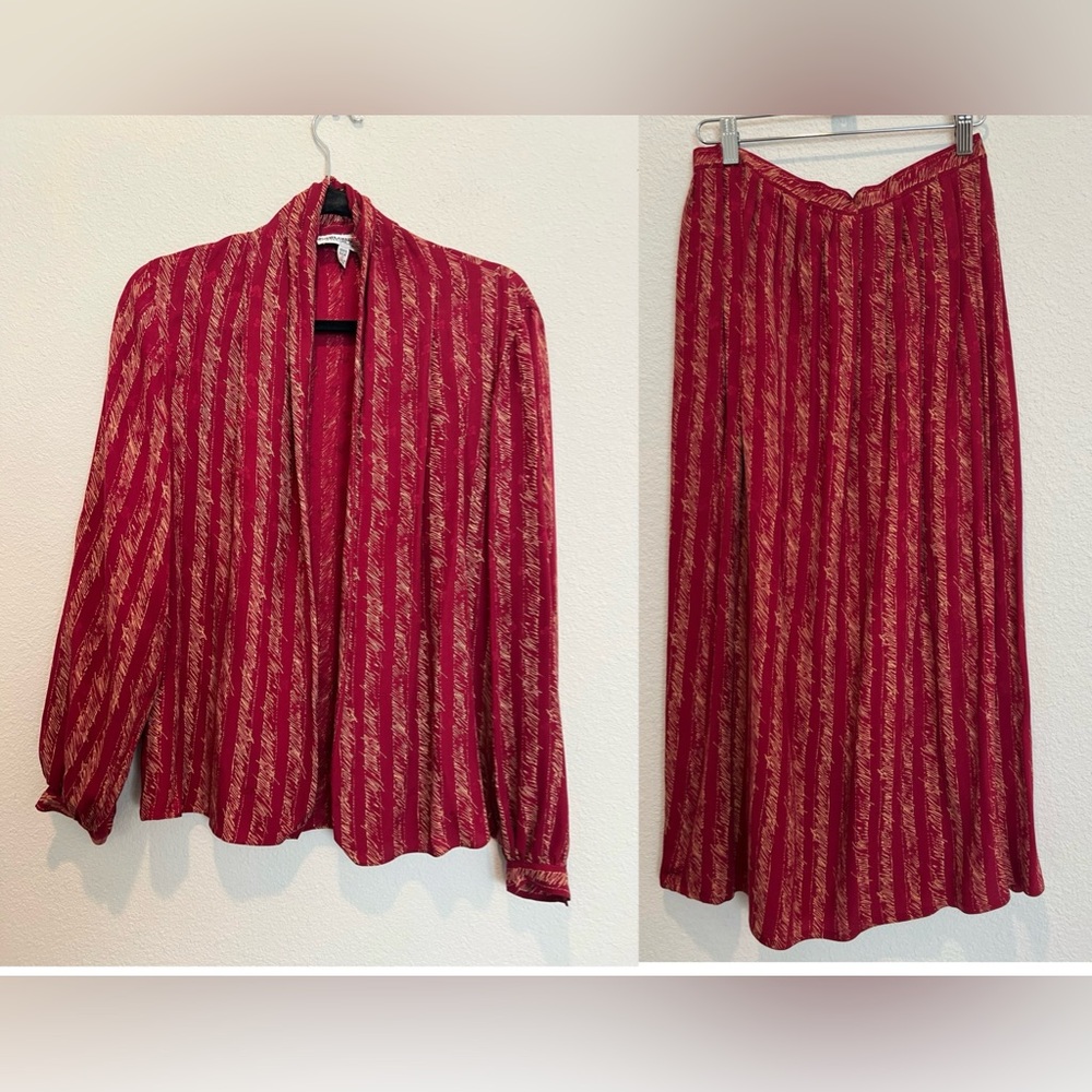 Vintage 70s Silk 2 Piece Set Suit Skirt & Cardigan Jacket Red Cranberry Size 8
